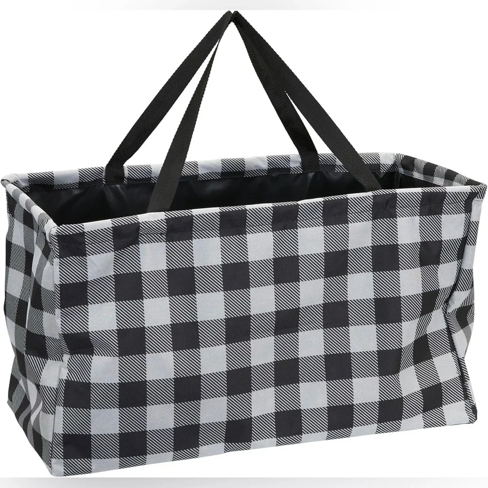 Household Essentials Utility Tote Bag‎ Large Black White Checkered Plaid NWT